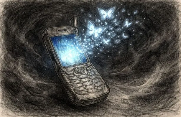 暗闇に浮かび、青く光る古い携帯電話。画面から蝶の羽が散り、世界が書き換わっていく予感を感じさせるスケッチ。